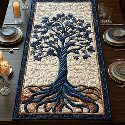 Blue Tree of Life on Cream Table Runner - Made to Order TABLE928
