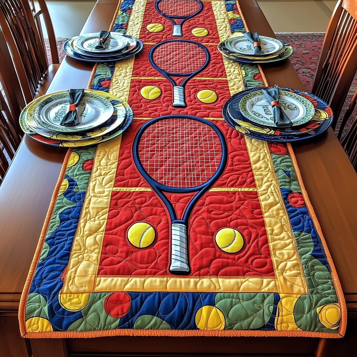 Blue Racket on Red Tennis Court Table Runner - Made to Order TABLE928