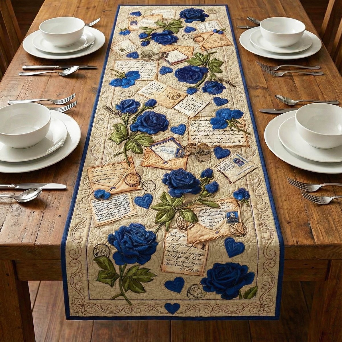 Blue Roses with Letters on Cream Table Runner - Made to Order TABLE928