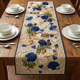 Blue Roses with Letters on Cream Table Runner - Made to Order TABLE928