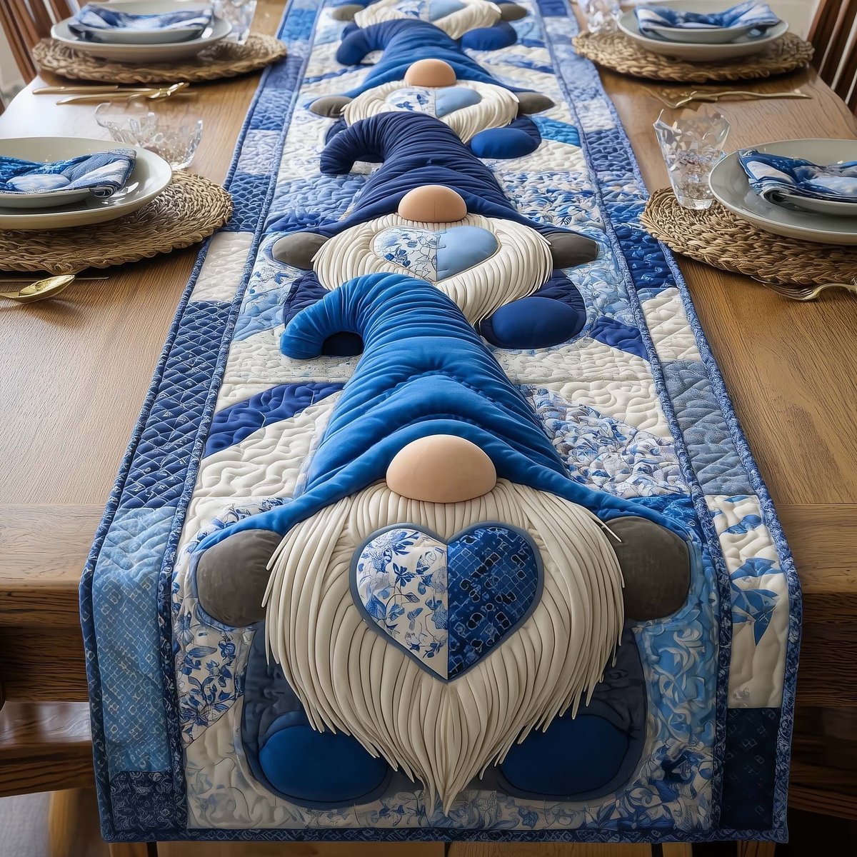 Blue Gnome on Blue Patchwork Table Runner - Made to Order TABLE928