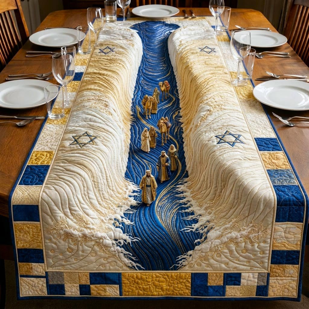 Blue Wave Stripe on Cream Panel Table Runner - Made to Order TABLE928