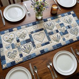 Blue Hearts with Wildflower Sprigs Table Runner - Made to Order TABLE928