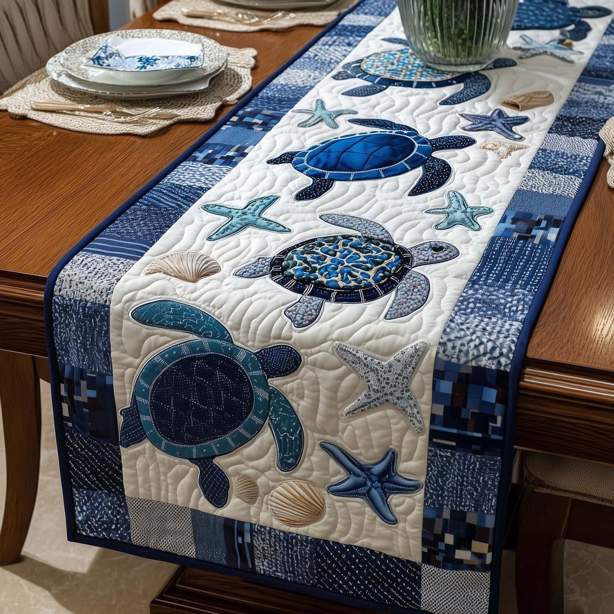 Blue Turtles with Starfish Patchwork Table Runner - Made to Order TABLE928