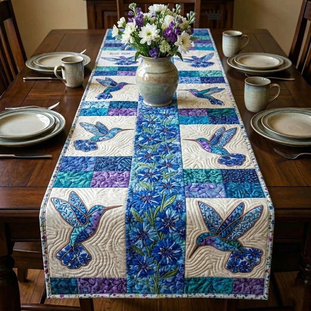 Blue Hummingbirds on Blue Blocks Table Runner - Made to Order TABLE928