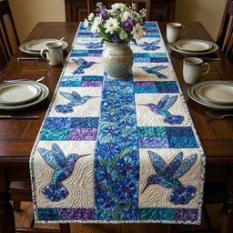 Blue Hummingbirds on Blue Blocks Table Runner - Made to Order TABLE928