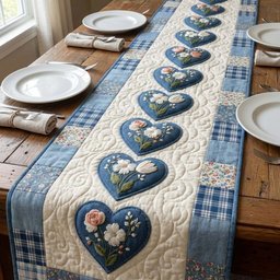 Blue Floral Hearts on Denim Table Runner - Made to Order TABLE928