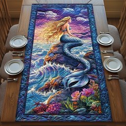 Blue Mermaid Rising from Waves Table Runner - Made to Order TABLE928