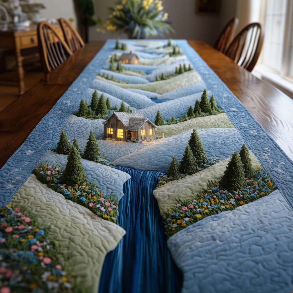 Blue Waterfall Below a Cottage Table Runner - Made to Order TABLE928