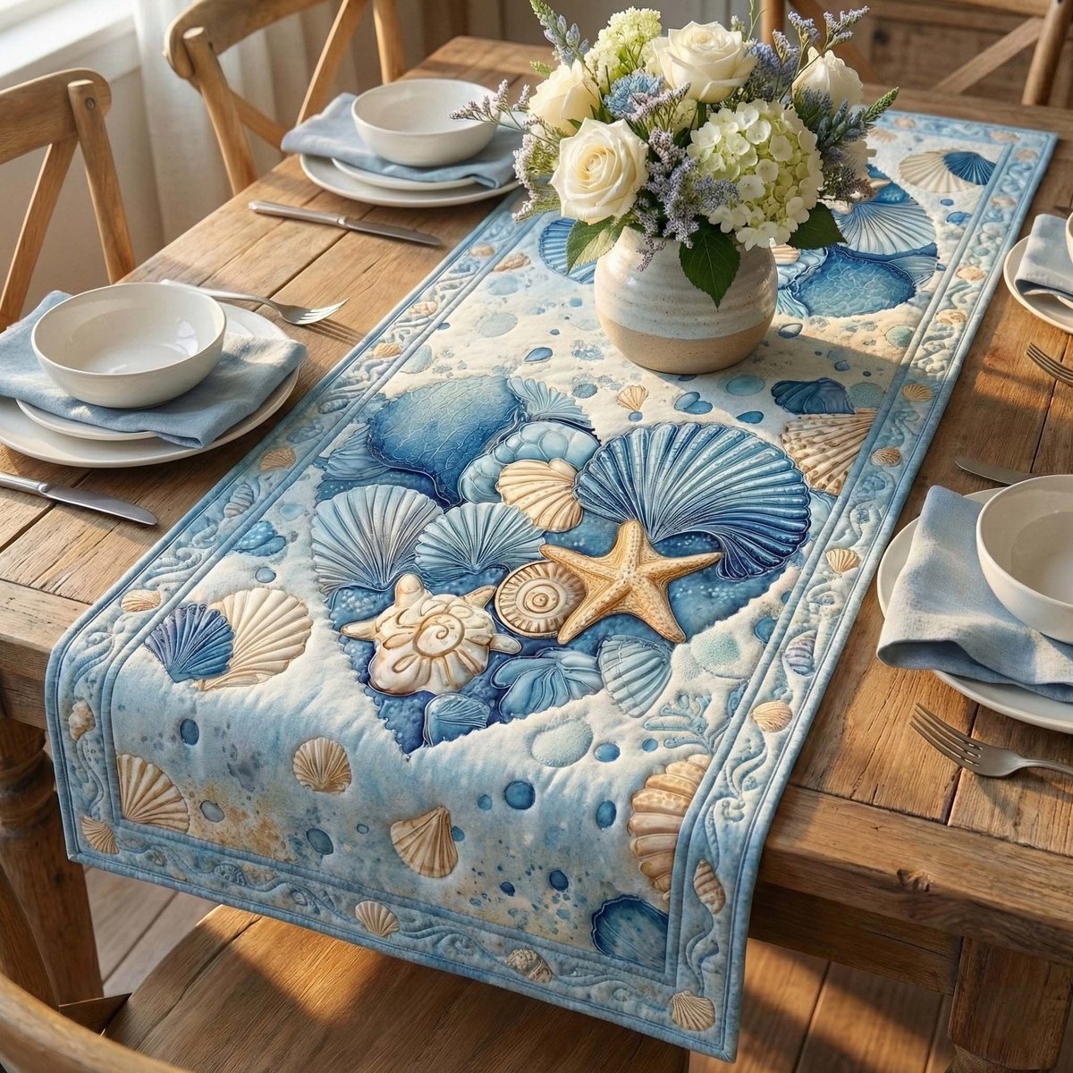 Blue Shells and Starfish Tiles Table Runner - Made to Order TABLE928
