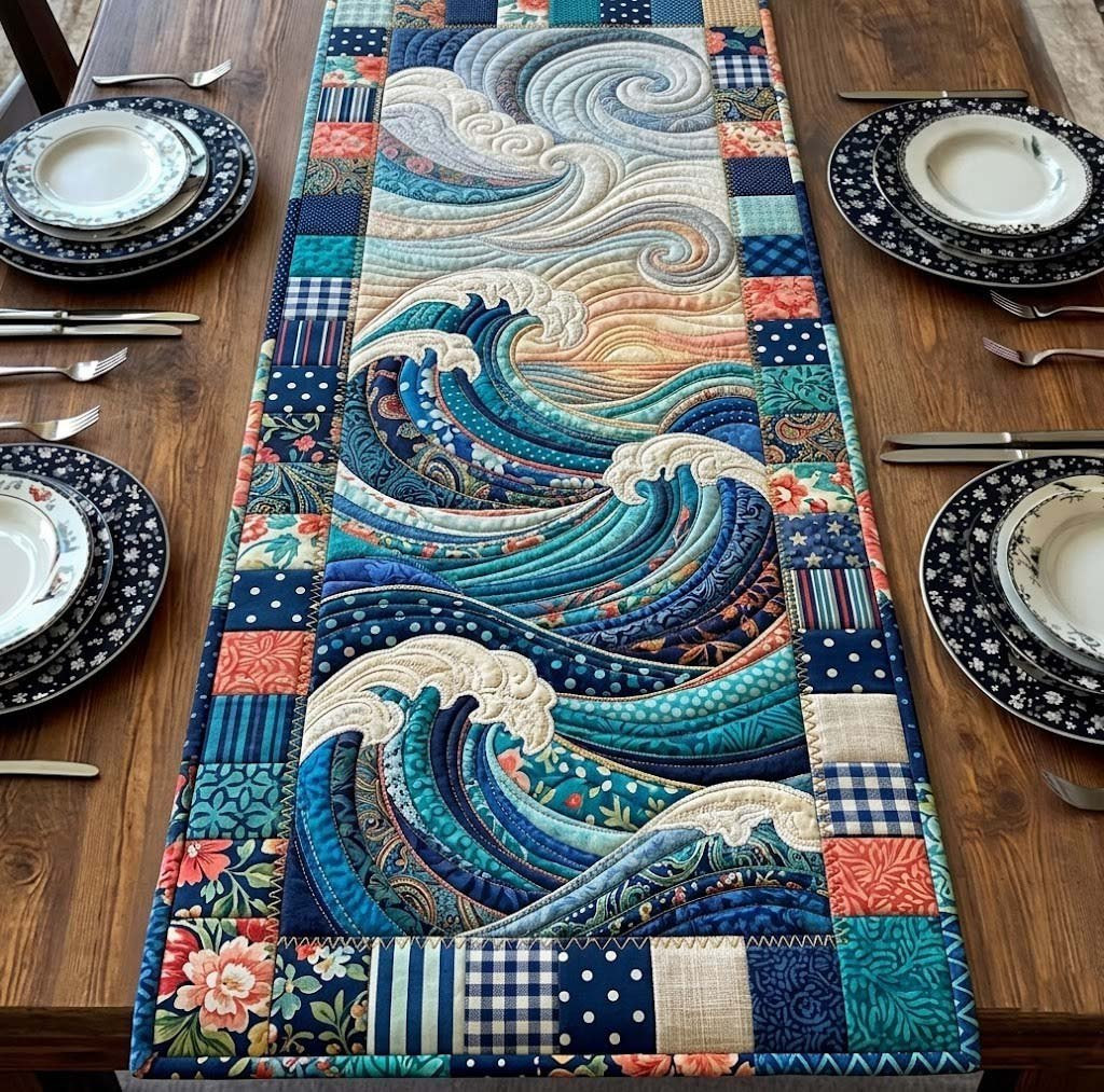 Blue Waves with Floral Patchwork Table Runner - Made to Order TABLE928