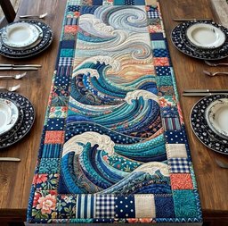 Blue Waves with Floral Patchwork Table Runner - Made to Order TABLE928