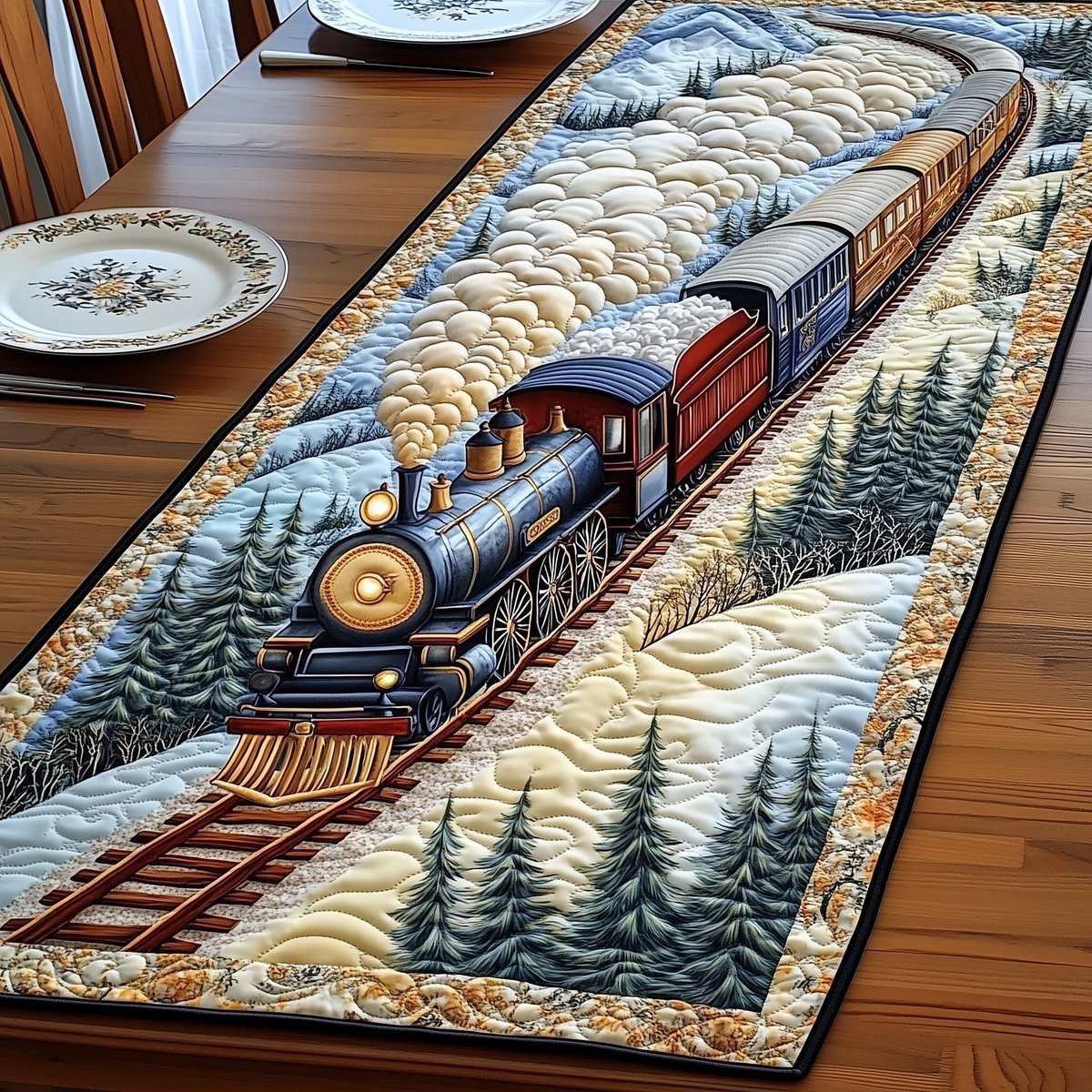 Blue Locomotive on Snowy Track Table Runner - Made to Order TABLE928