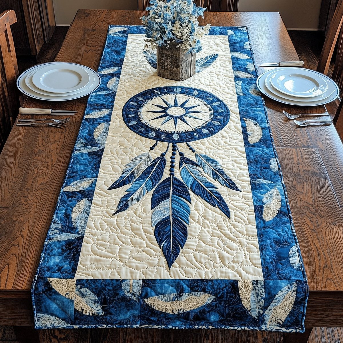 Blue Dreamcatcher with Feather Fringe Table Runner - Made to Order TABLE928