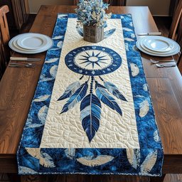 Blue Dreamcatcher with Feather Fringe Table Runner - Made to Order TABLE928