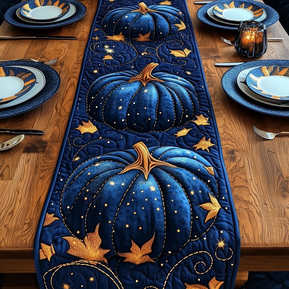 Blue Pumpkin with Maple Leaves Table Runner - Made to Order TABLE928