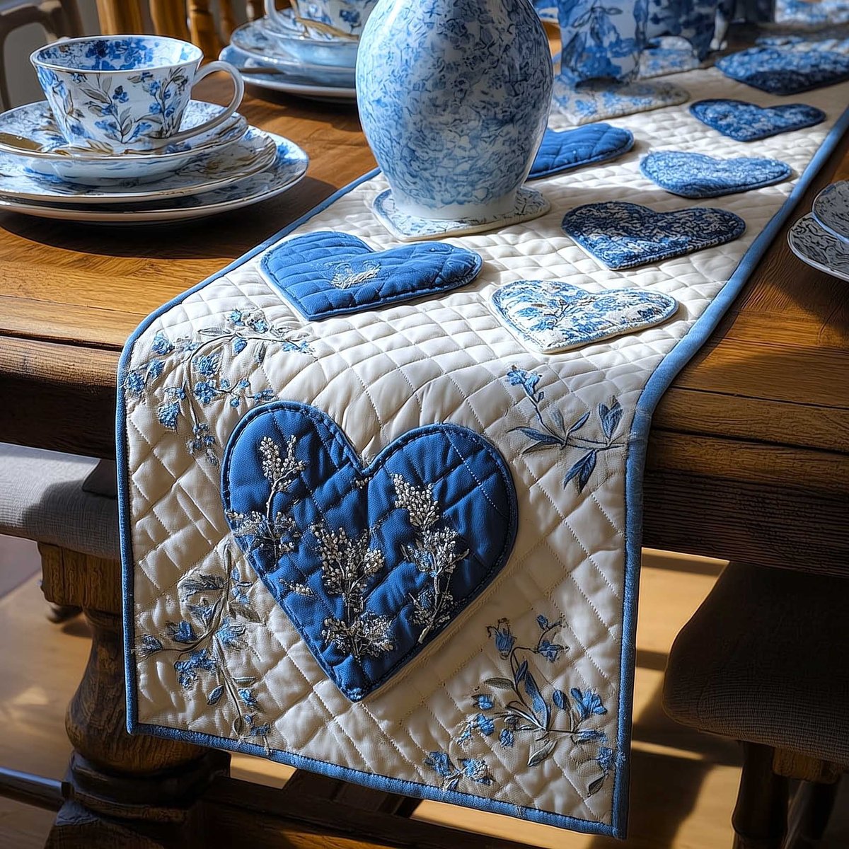 Blue Heart on White Quilting Table Runner - Made to Order TABLE928