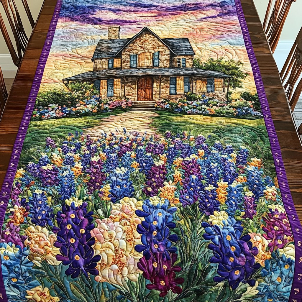 Bluebonnet Field Before a House Table Runner - Made to Order TABLE928