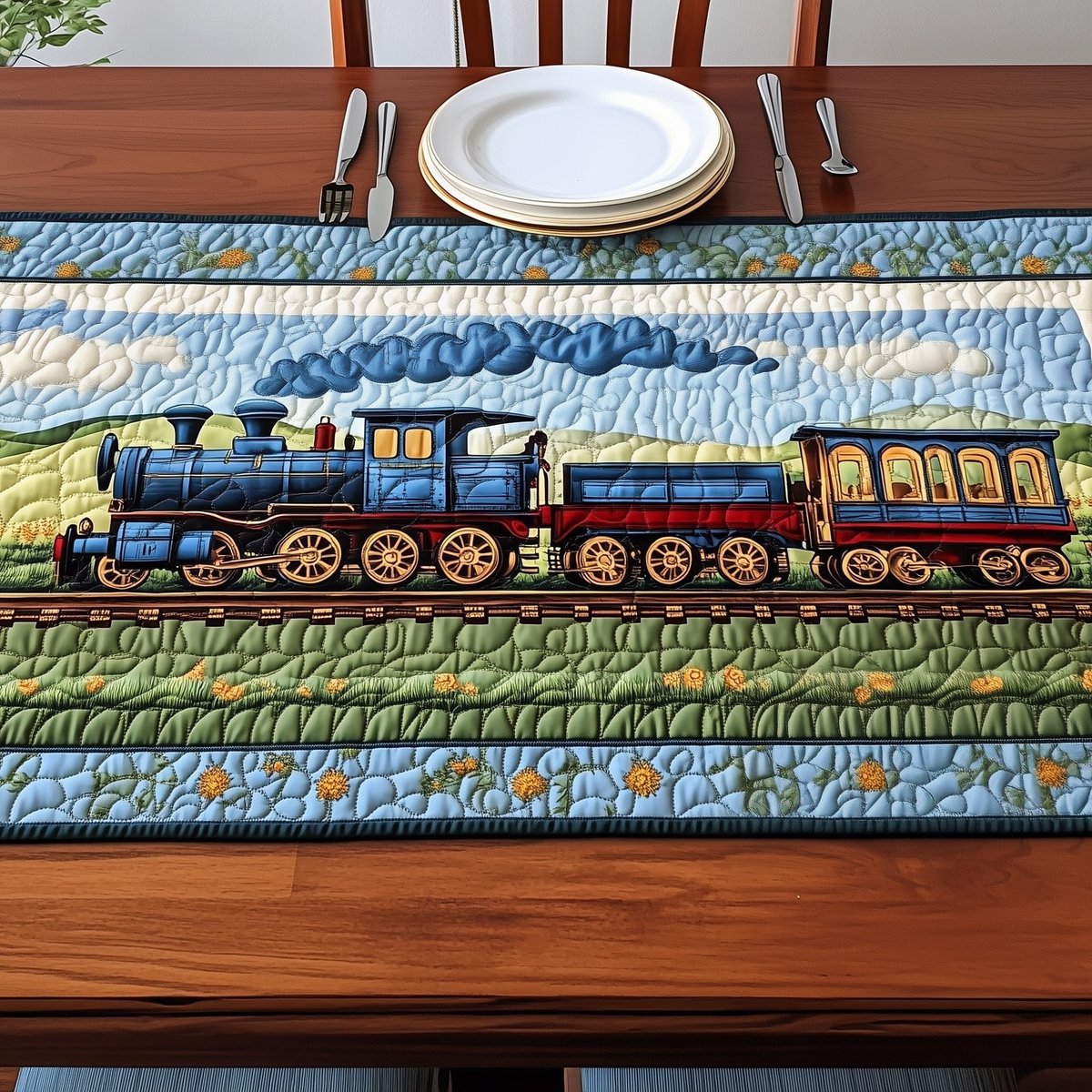Blue Steam Train on Prairie Track Table Runner - Made to Order TABLE928