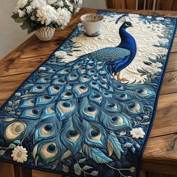 Blue Peacock with Sweeping Tail Table Runner - Made to Order TABLE928