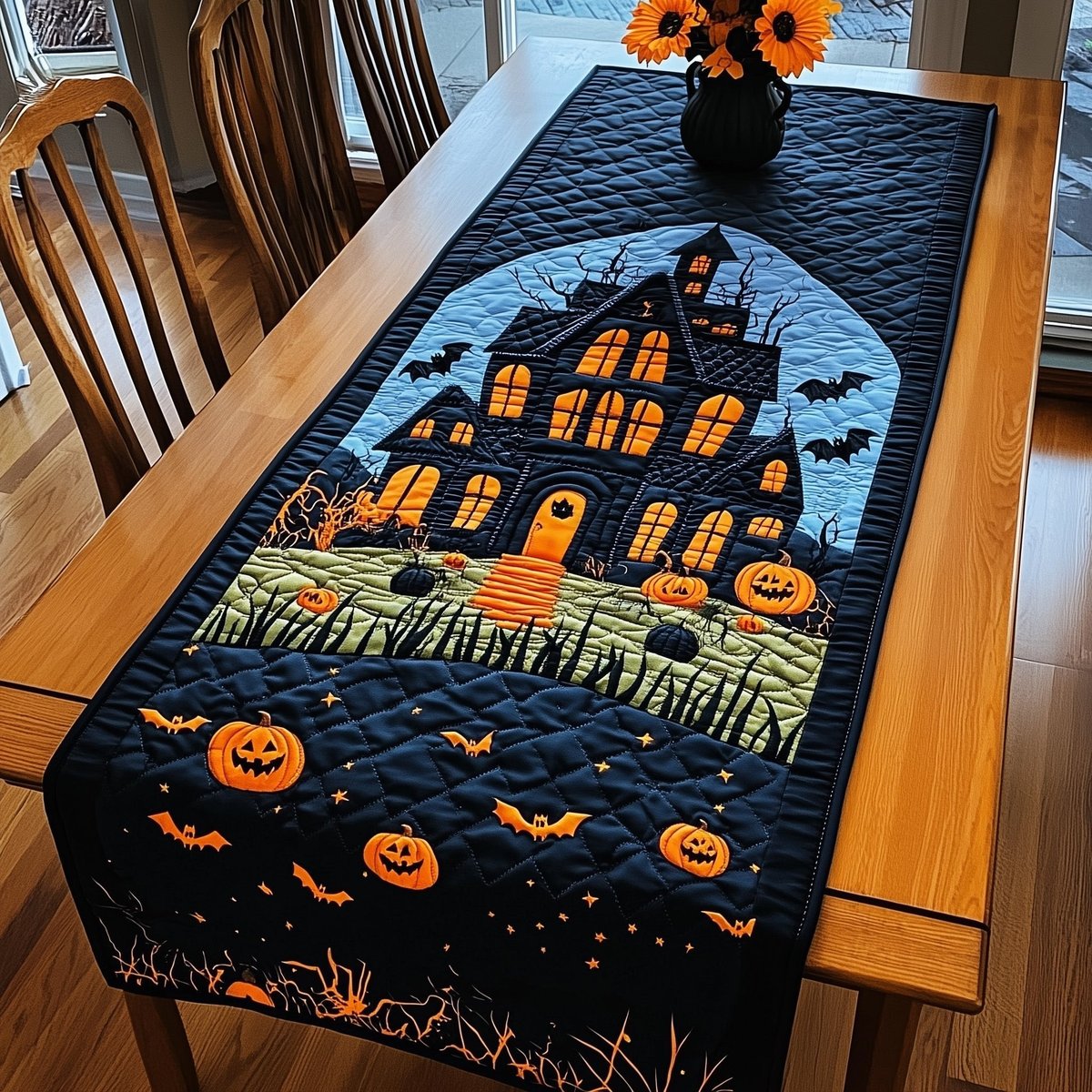 Blue Haunted House Over Pumpkin Field Table Runner - Made to Order TABLE928