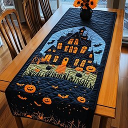 Blue Haunted House Over Pumpkin Field Table Runner - Made to Order TABLE928
