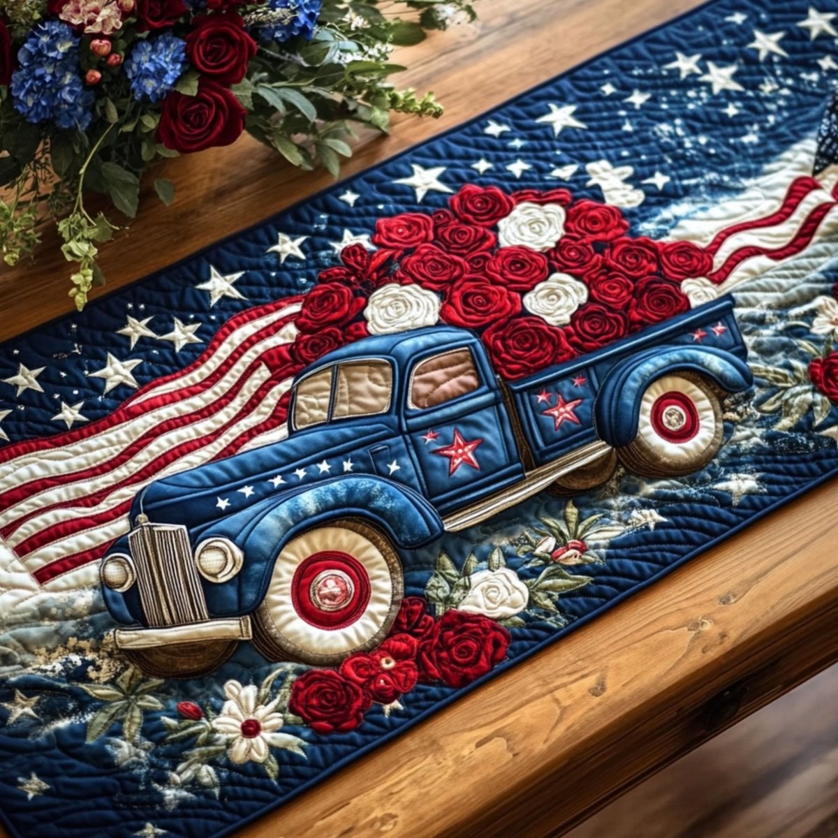 Blue Truck with Roses on Flag Table Runner - Made to Order TABLE928