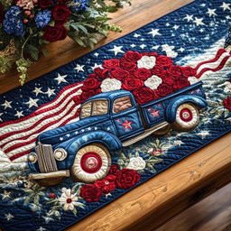 Blue Truck with Roses on Flag Table Runner - Made to Order TABLE928
