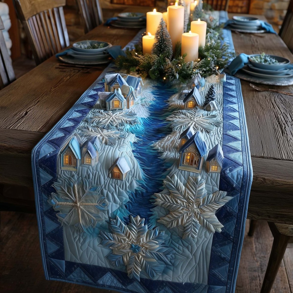 Blue Village with Falling Snowflakes Table Runner - Made to Order TABLE928