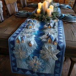 Blue Village with Falling Snowflakes Table Runner - Made to Order TABLE928