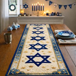 Blue Stars of David on Ivory Table Runner - Made to Order TABLE928