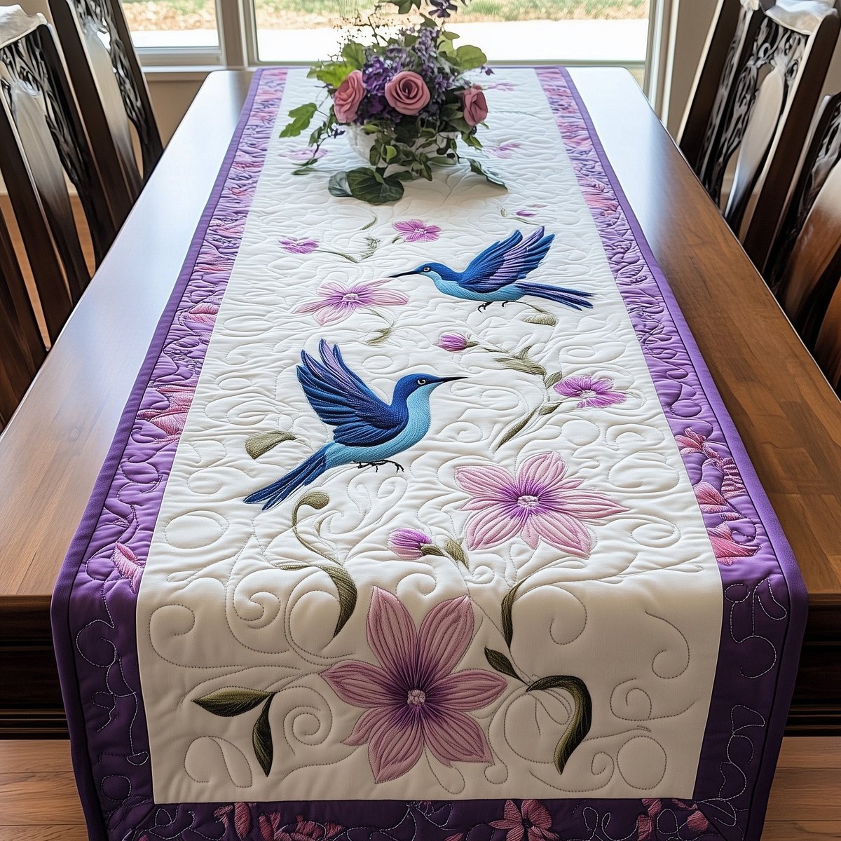 Bluebird with Purple Blossoms Table Runner - Made to Order TABLE928