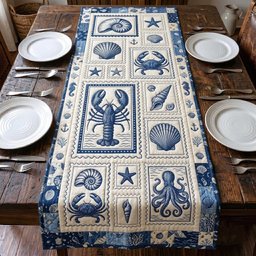Blue Sea Creature Squares on Cream Table Runner - Made to Order TABLE928