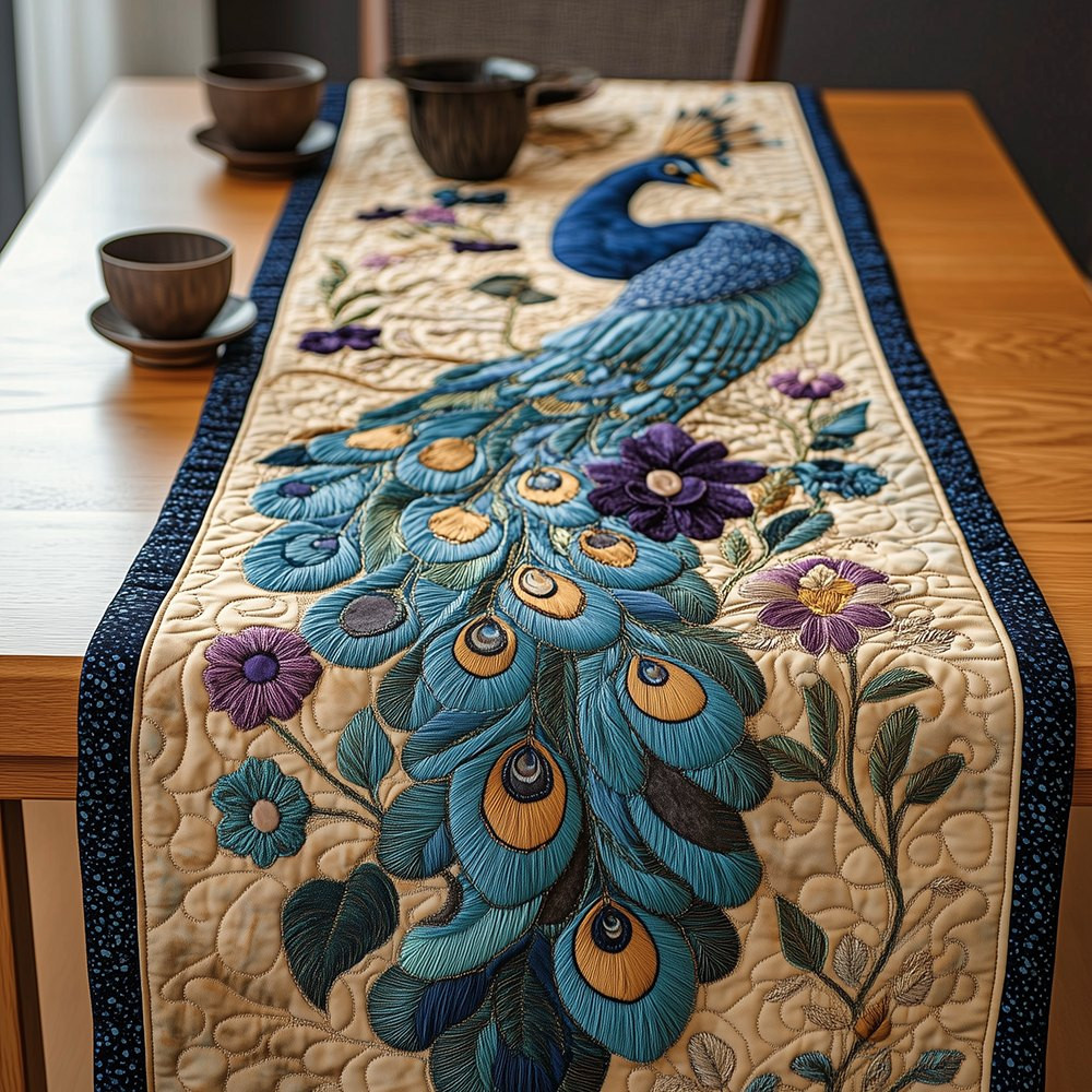 Blue Peacock with Purple Blooms on Cream Table Runner - Made to Order TABLE928