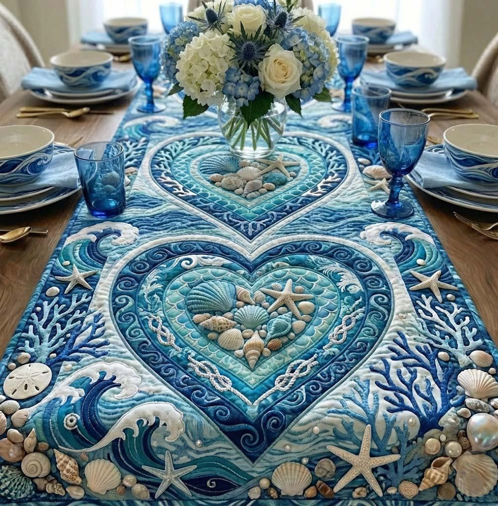 Blue Shell Heart Medallion Table Runner - Made to Order TABLE928