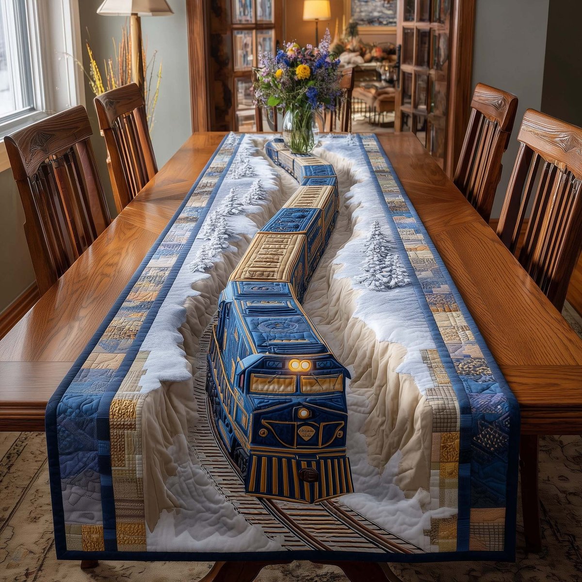 Blue Train on White Snowfield Table Runner - Made to Order TABLE928