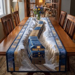 Blue Train on White Snowfield Table Runner - Made to Order TABLE928