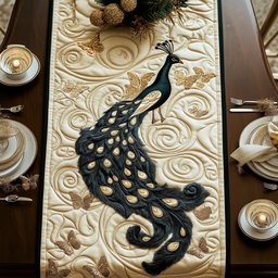 Black Peacock on Cream Swirls Table Runner - Made to Order TABLE928