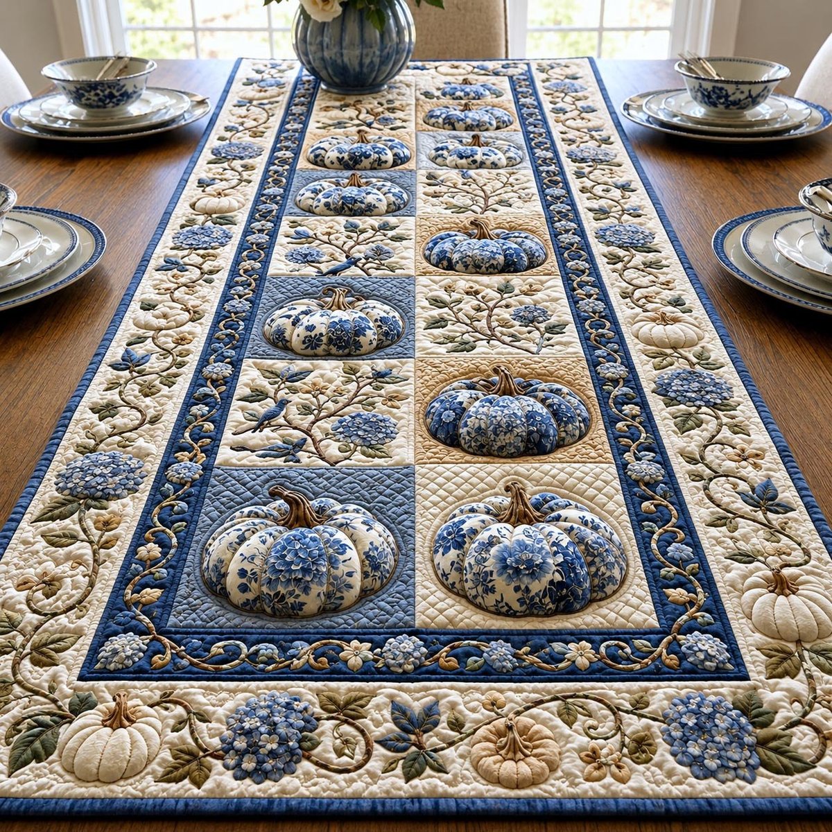 Blue Pumpkin Blocks on Cream Table Runner - Made to Order TABLE928