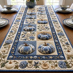 Blue Pumpkin Blocks on Cream Table Runner - Made to Order TABLE928