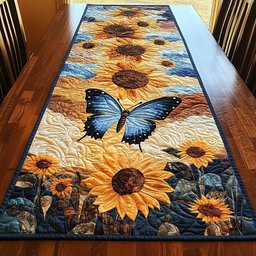 Blue Butterfly Above Golden Sunflowers Table Runner - Made to Order TABLE928
