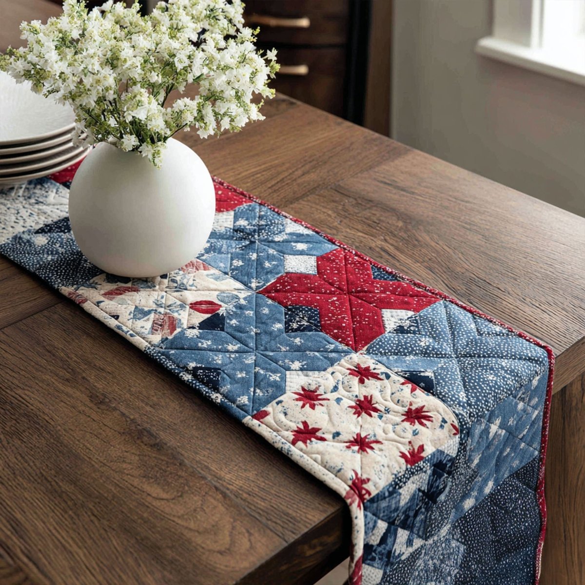 Blue and Red Star Patchwork Table Runner - Made to Order TABLE928