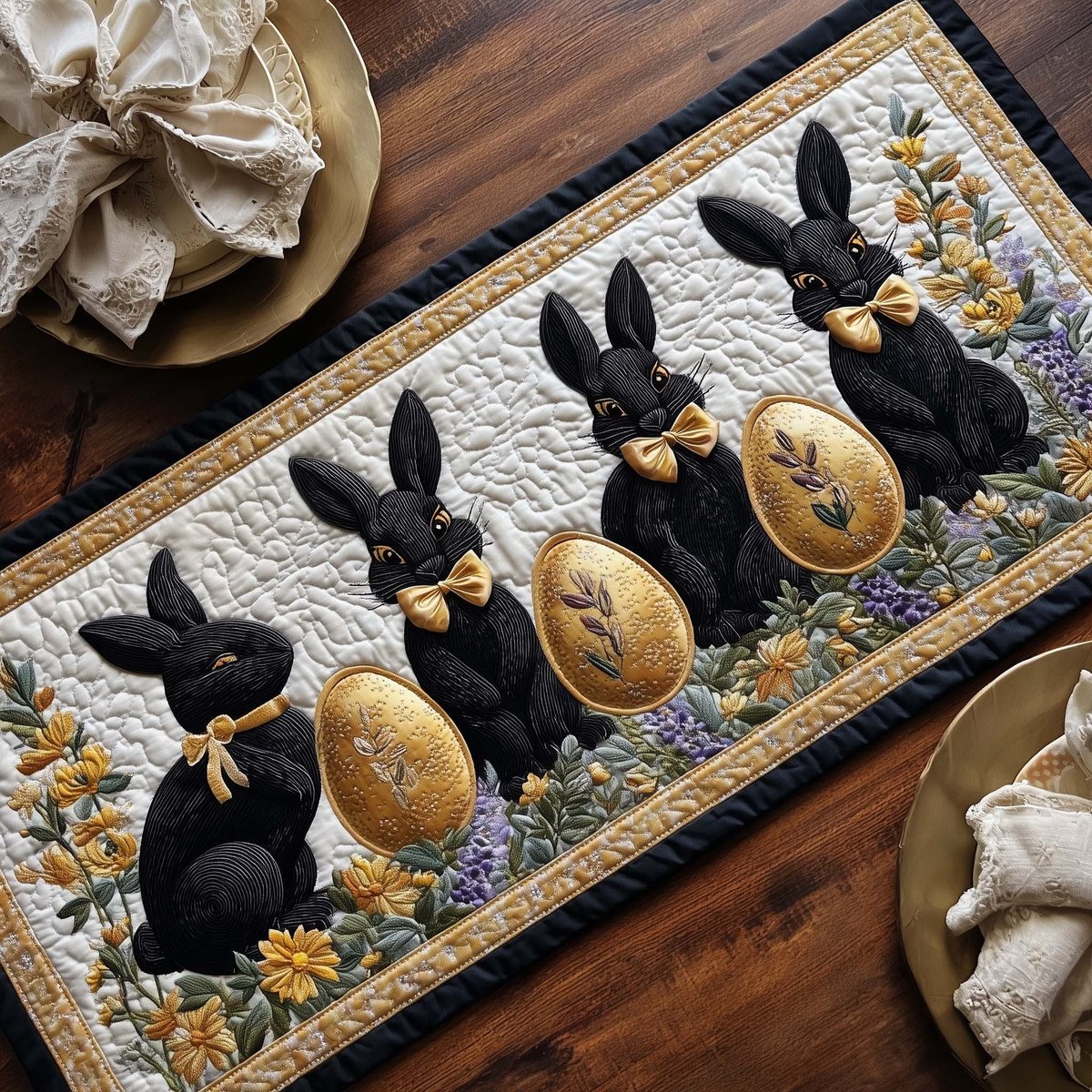 Black Rabbits with Golden Eggs Table Runner - Made to Order TABLE928