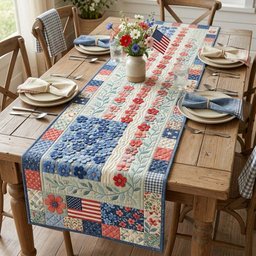 Blue Floral Patchwork with a Flag Table Runner - Made to Order TABLE928