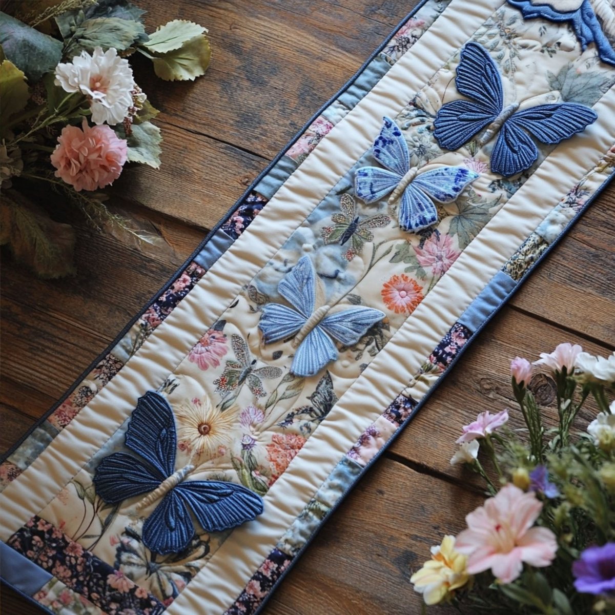 Blue Butterflies on Pale Stripes Table Runner - Made to Order TABLE928
