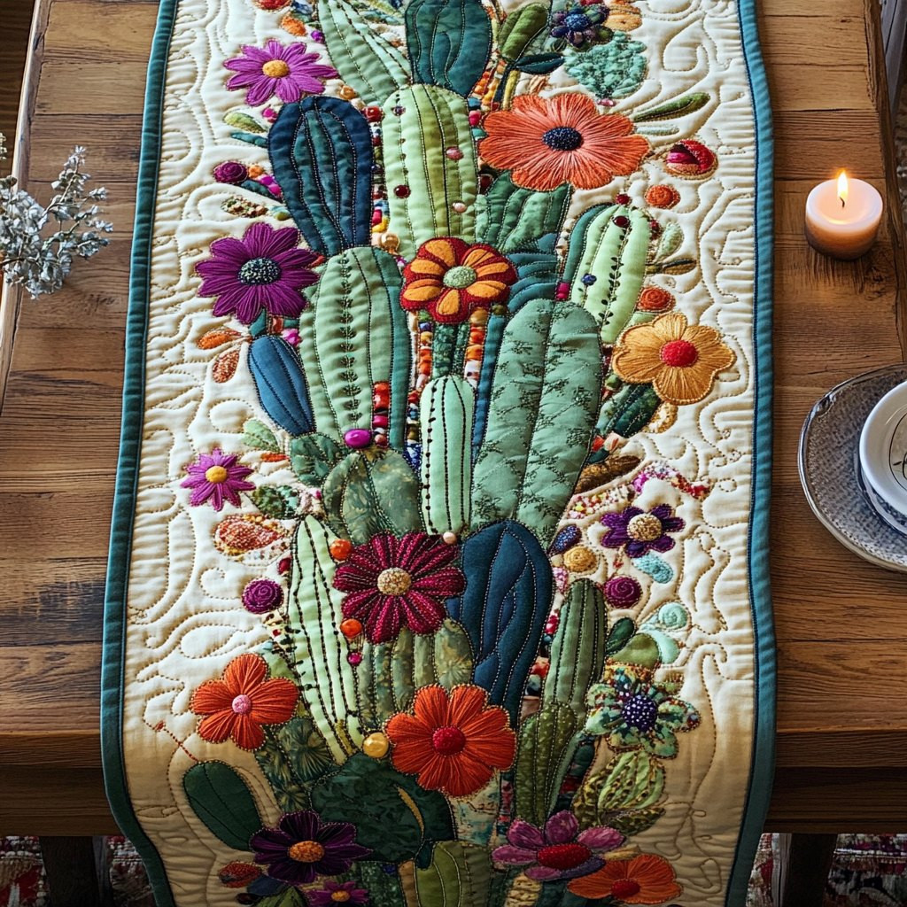 Blooming Cacti on Cream Table Runner - Made to Order TABLE928