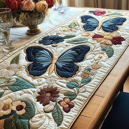Blue Butterfly on Cream Panel Table Runner - Made to Order TABLE928
