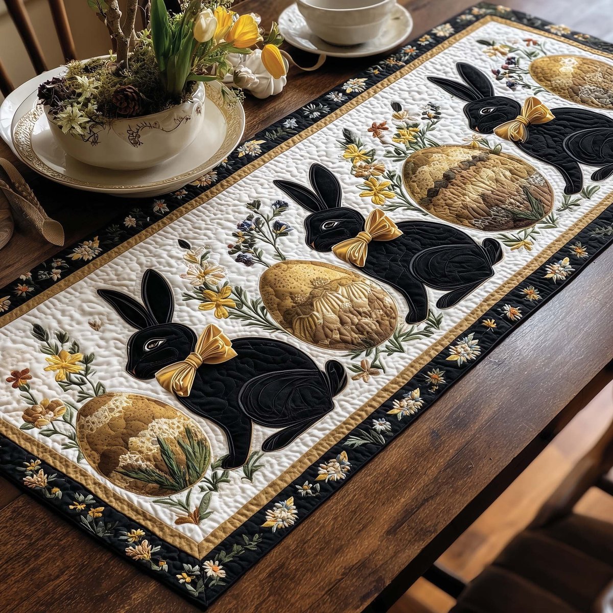 Black Rabbits and Gold Eggs on Navy Table Runner - Made to Order TABLE928