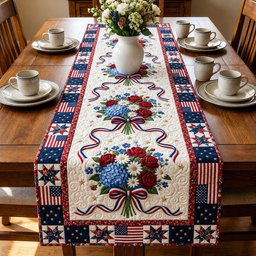 Blue and Red Bouquet with Ribbons Table Runner - Made to Order TABLE928