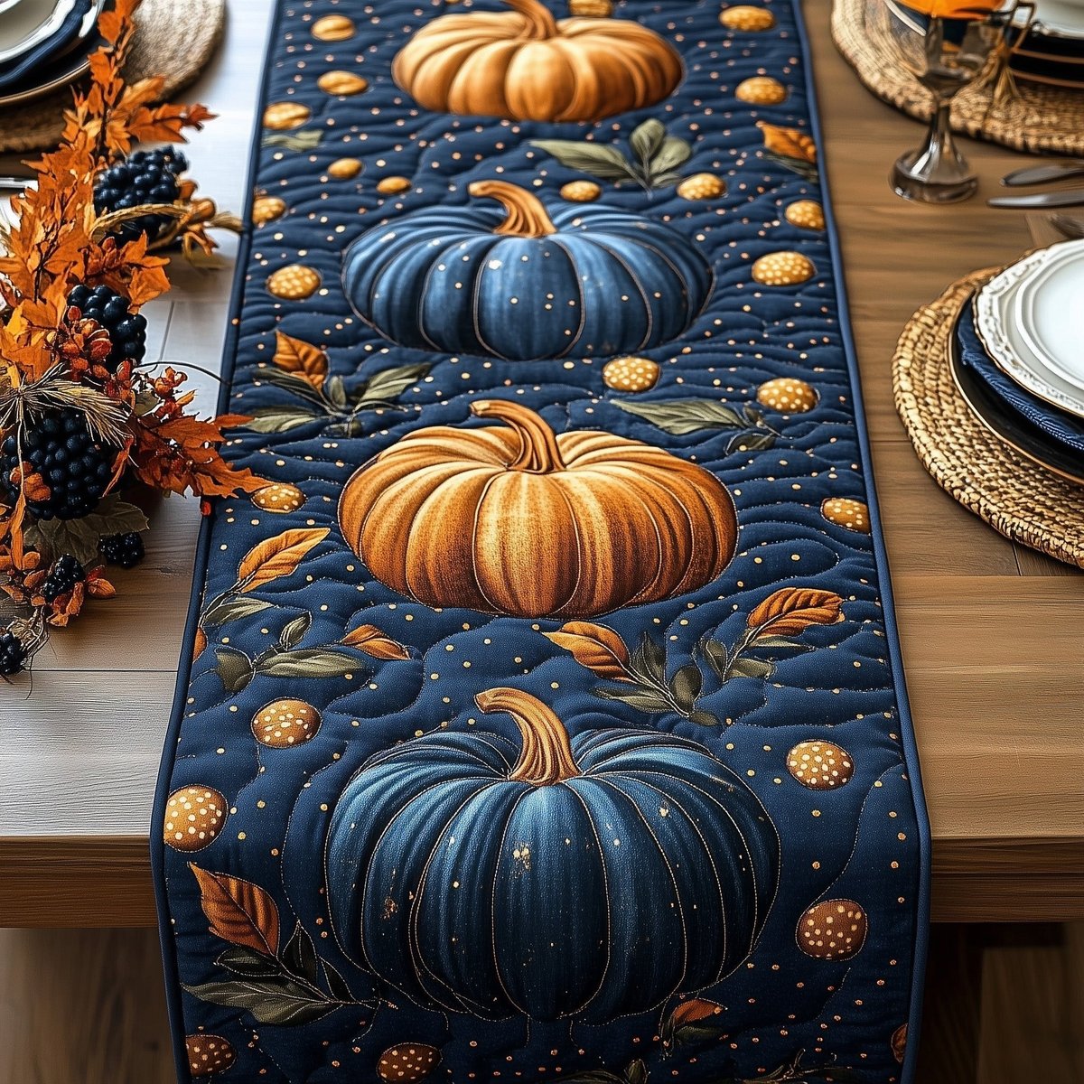 Blue and Orange Pumpkins with Vines Table Runner - Made to Order TABLE928